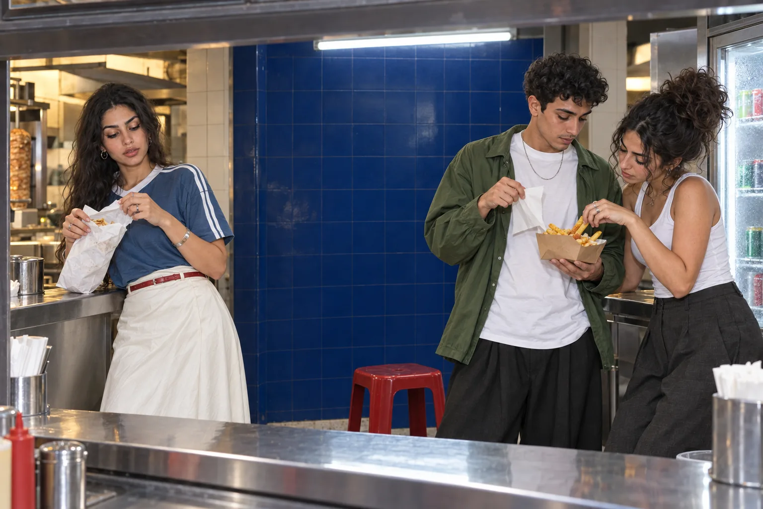 Sharing a meal at a velvet-blue counter